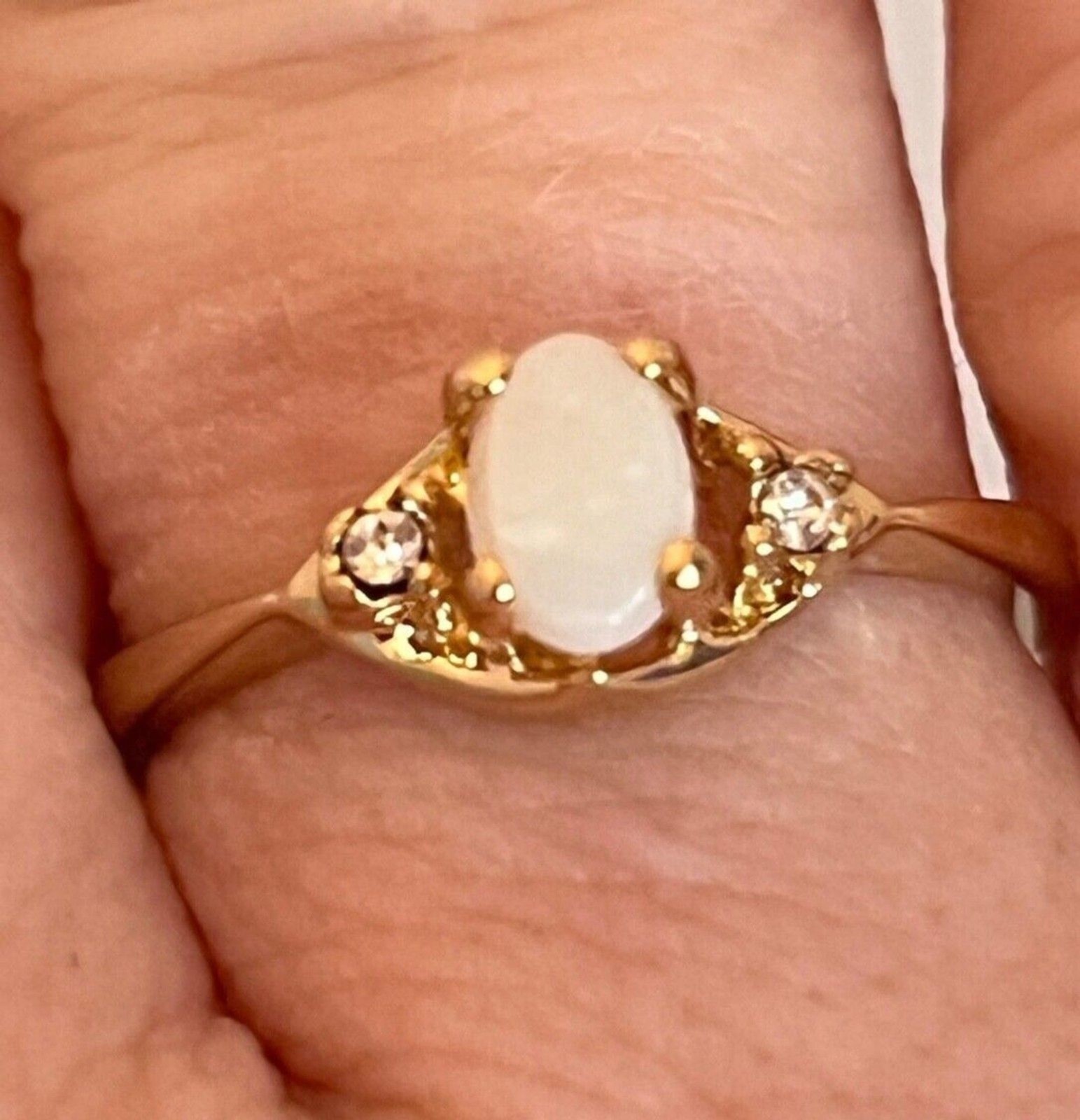 Vintage 1970s Uncas Opal Ring Size 7 14K Gold Plate Austrian Crystal -14M