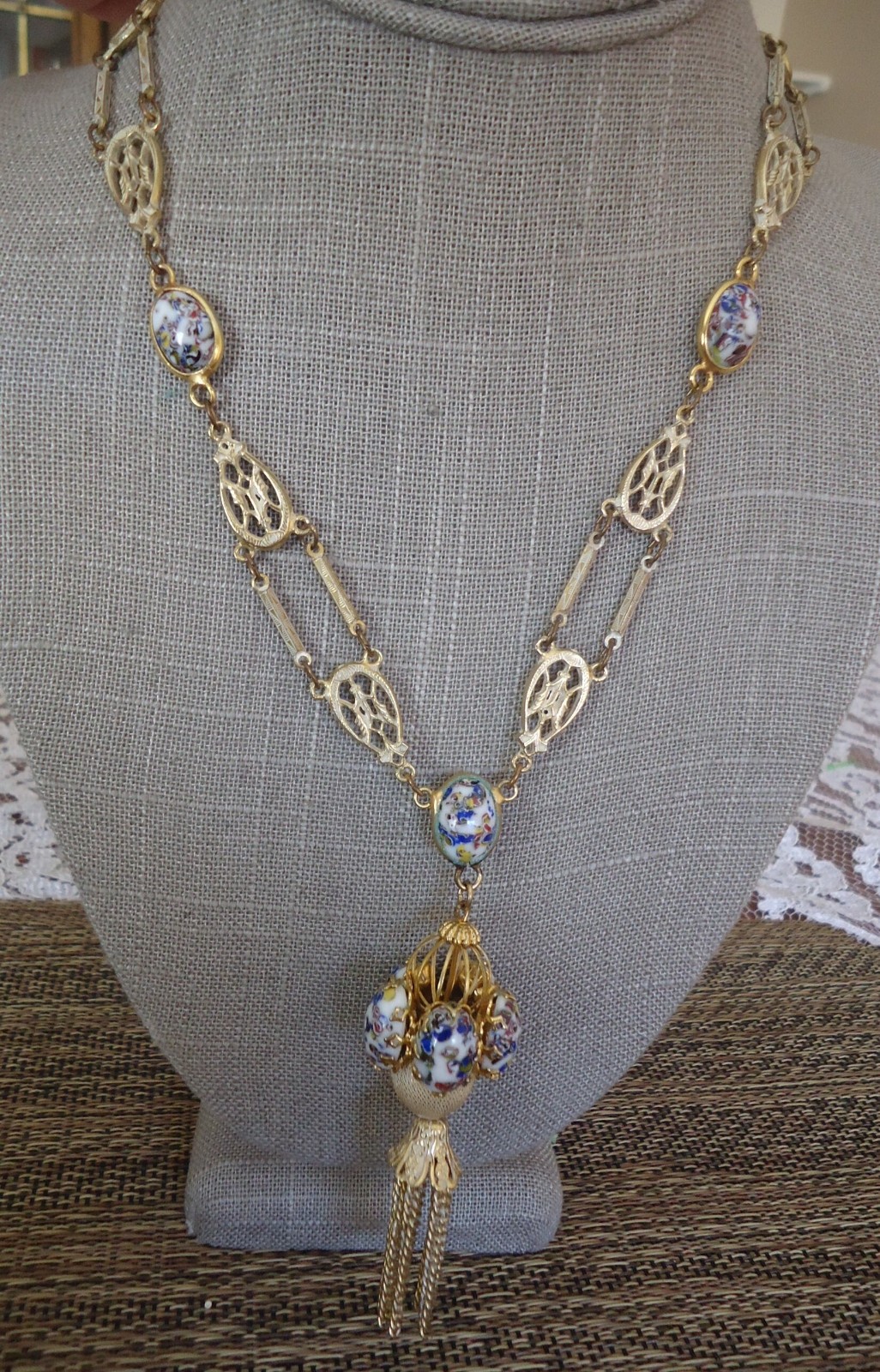 Vintage Art Glass Lavalier Filigree Tassel Necklace, Gold Tone, 22″