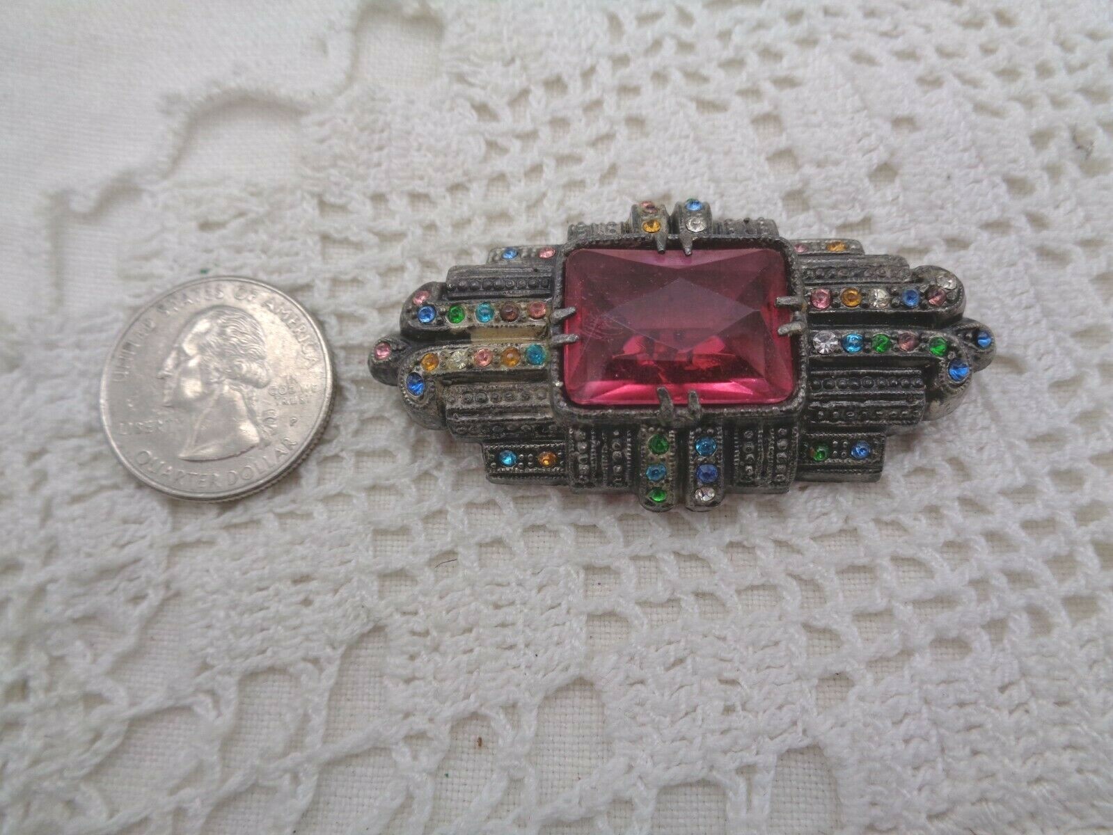 Vintage LITTLE NEMO L/N Art Deco PINK Rhinestone Pot Metal BROOCH
