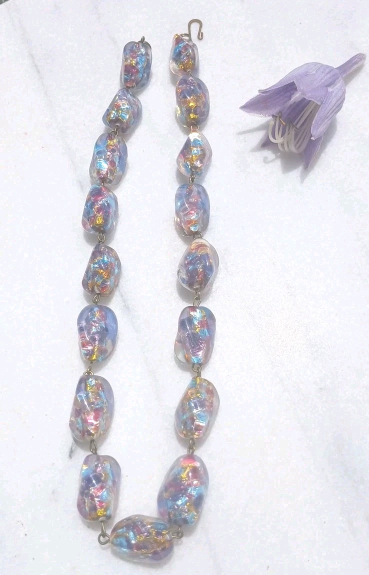 HUGE ANTIQUE JAPAN OPAL CONFETTI GOLD SILVER FOIL ART GLASS NECKLACE SET OOAK