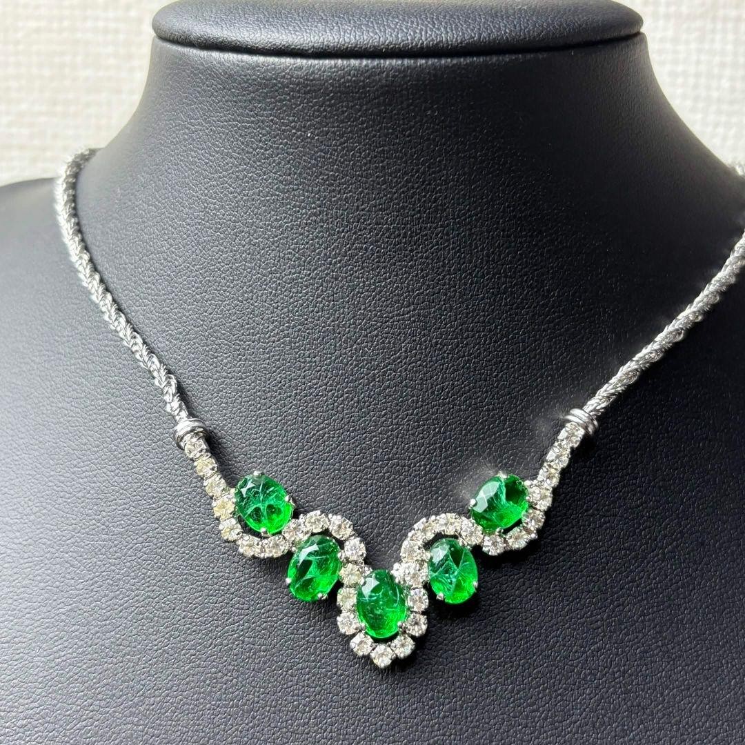 Christian Dior Green Stone Silver Necklace 44cm Vintage