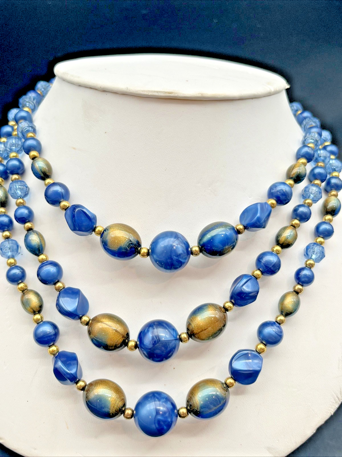 Vintage 3 Strand Cobalt Blue Lucite Bead Choker Bib Necklace (Japan/Hong Kong)