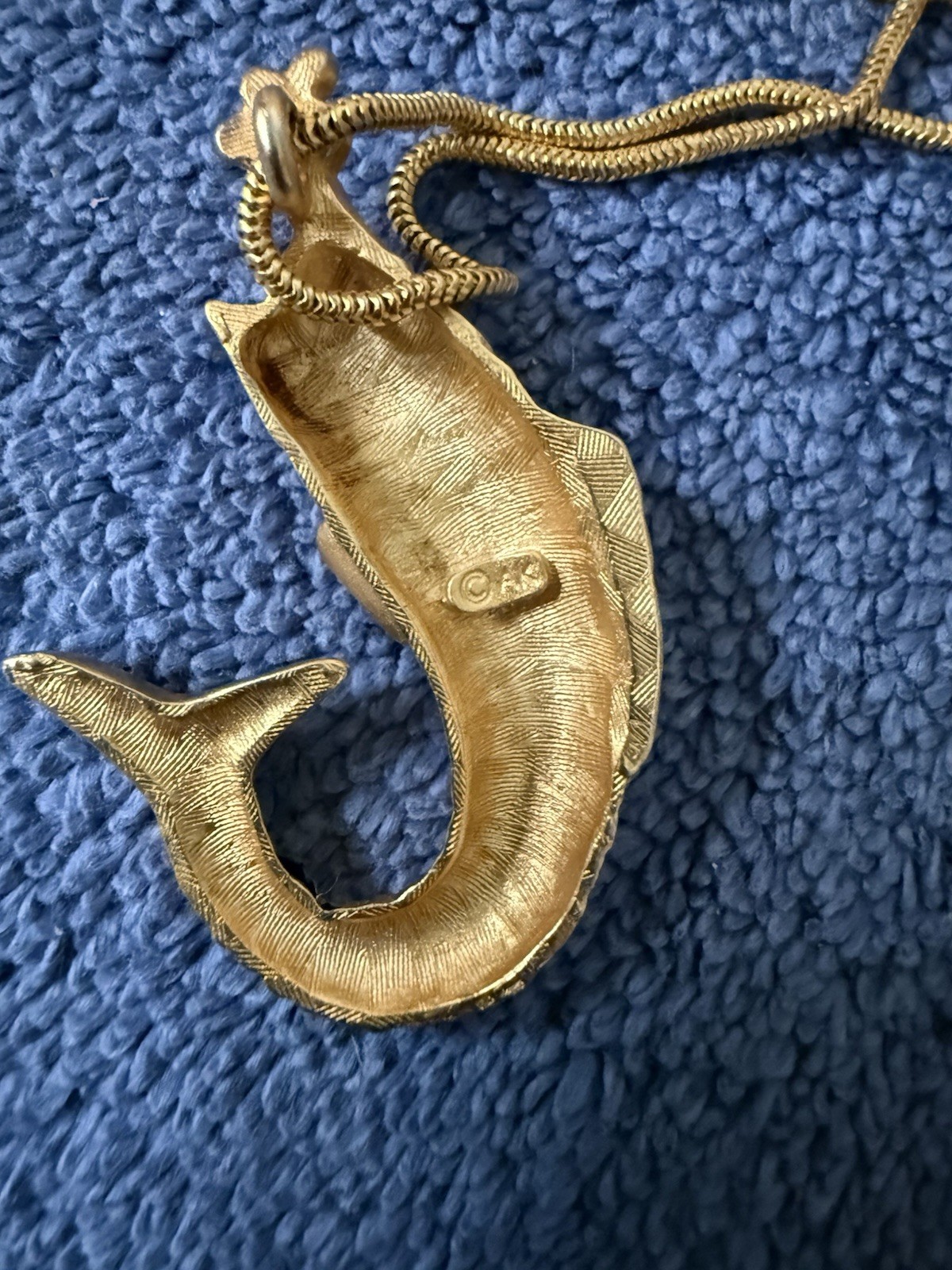 Vintage 1990s Anne Klein Necklace Matte Gold Tone Koi Fish With Pearl Eye & Mout