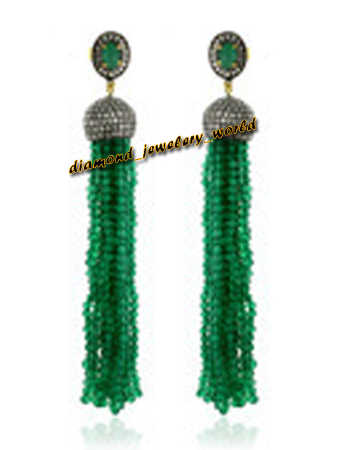 Vintage 3.35ctw Rose Cut Diamond Emerald Silver Stunning Tassel Earring Jewelry