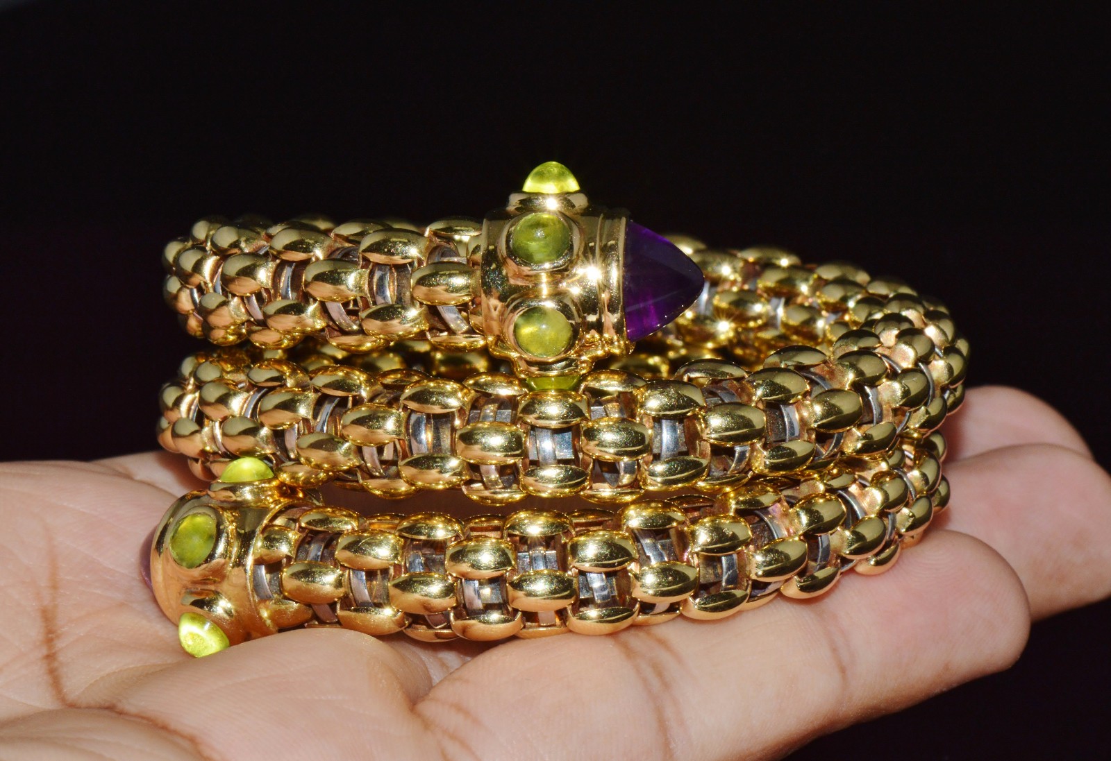 RARE VINTAGE FOPE AMETHYST 18K SOLID GOLD DOUBLE WRAP SNAKE FLEX’IT BRACELET