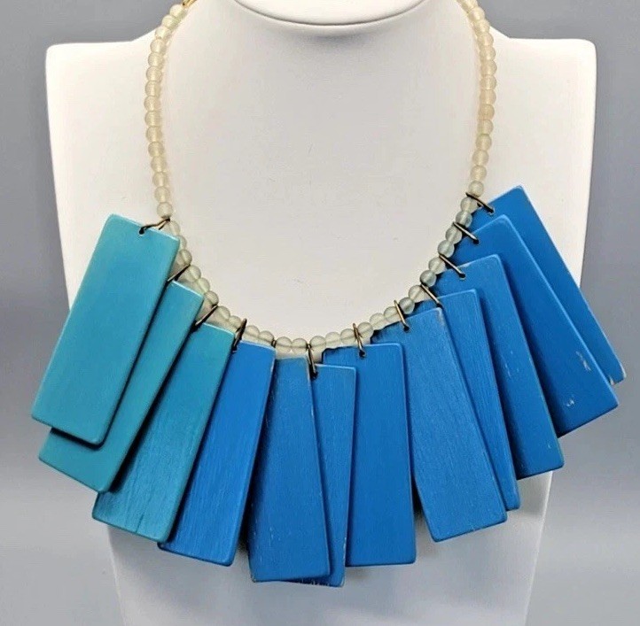 Vintage 1980s Bright Neon Bib Wood Necklace and earrings set Marked