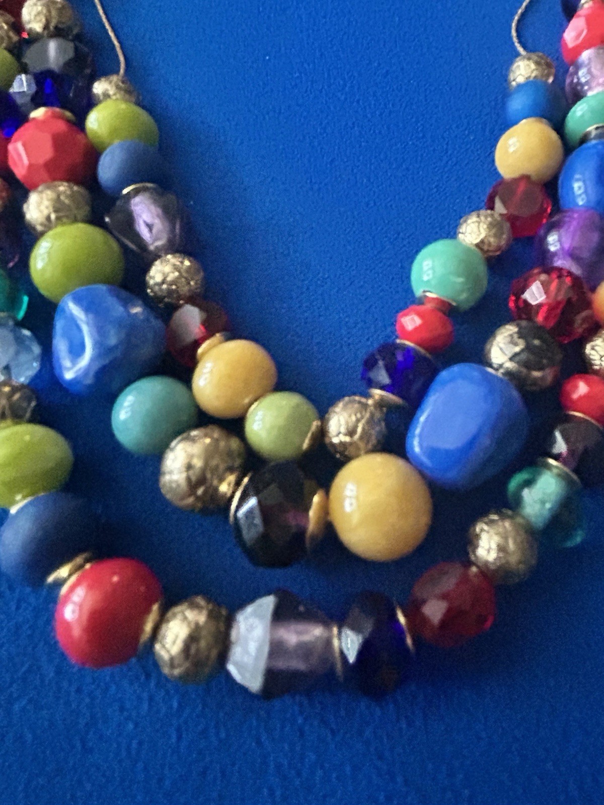 Fun Multi Color 3 Strand Graduated Beads On Gold Toned Chain – BRIGHT!