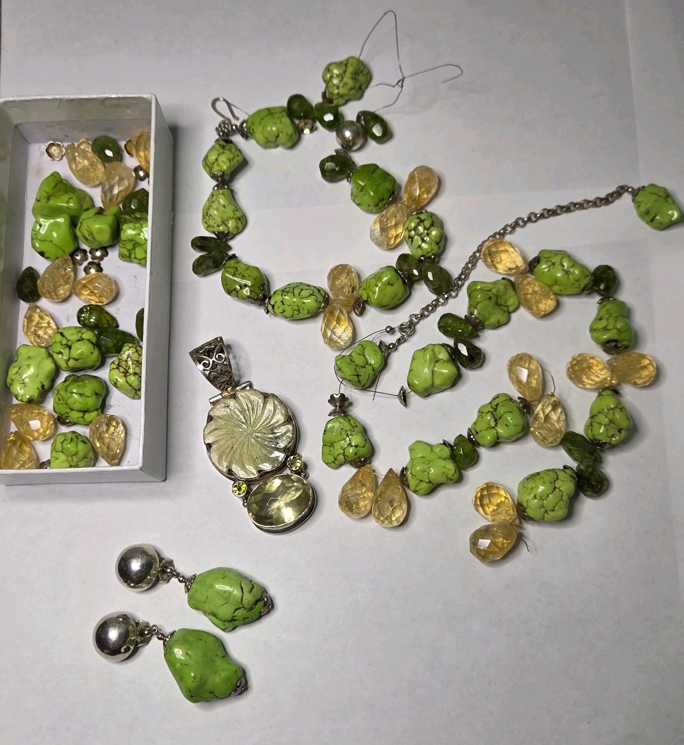 Green Turquoise, Yellow Citrine, Peridot, Agate 925 Pendant & Clip-on Earrings