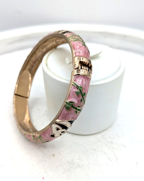 Vintage Cloisonne Panda Hinged Bracelet Pink Enamel Bamboo Gold Tone Bangle