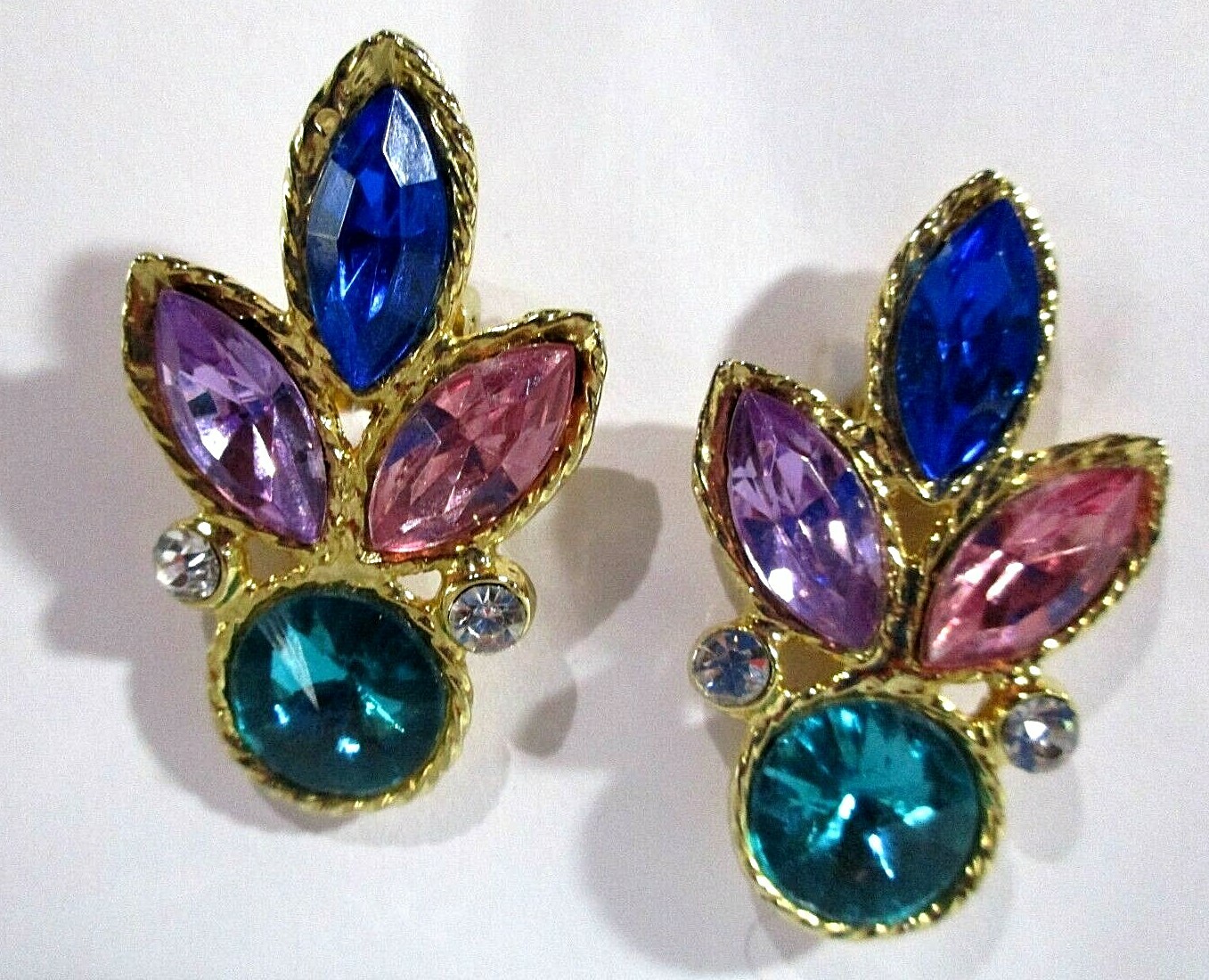Goldtone Clip Earrings Faceted Oval & Round Blue Pink Clear and Green 1.75″ X 1″