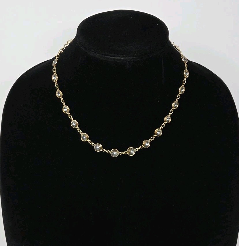 Champagne Crystal Bezel Necklace Gold Tone Vintage 17.5 Inches Sparkly!