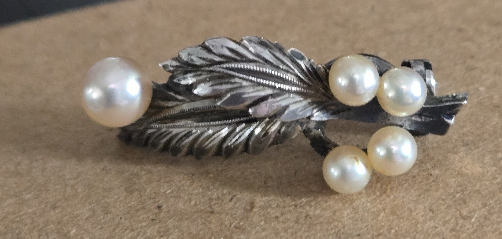 Vtg Japanese Export Sterling Silver Akoya Pearl Leaf Brooch Pin Mikimoto Style