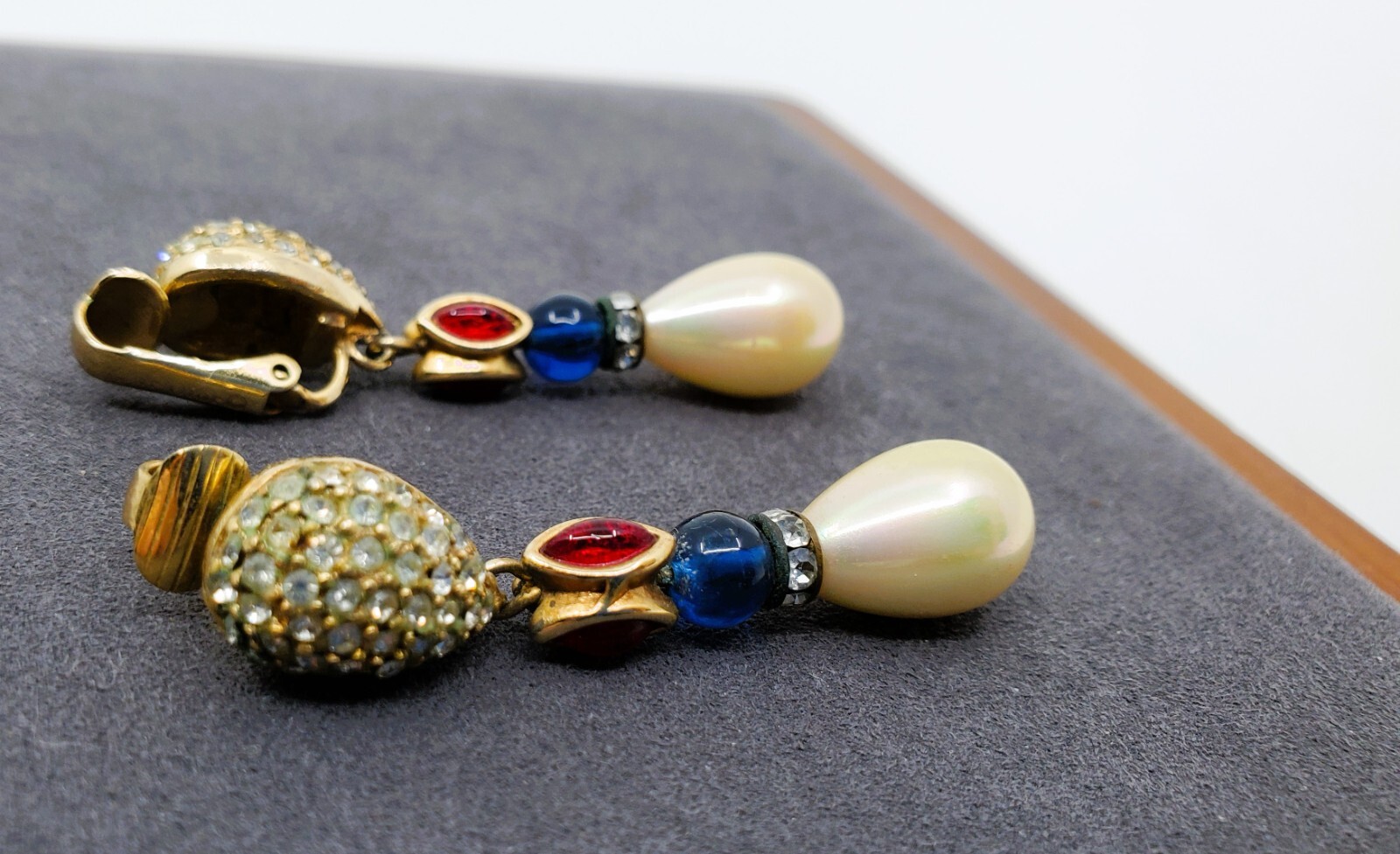 Christian DIOR VTG Gold Ruby Red Blue Glass Cabochons Faux Pearl Dangle Clip On