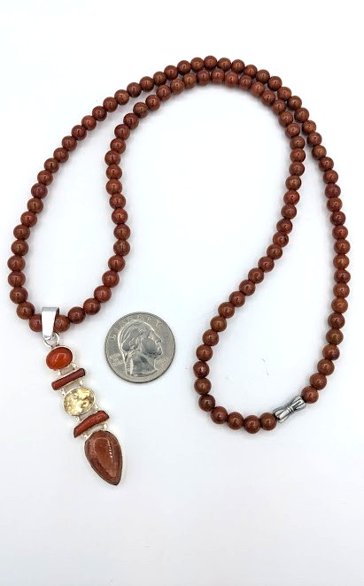 Vintage Sterling Silver Carnelian Citrine Pendant Necklace Goldstone