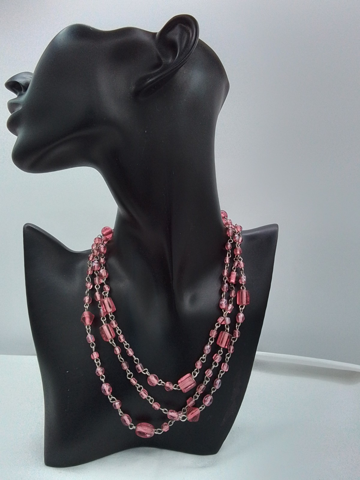 46″ PINK ART GLASS VINTAGE ESTATE NECKLACE CUBE & ROUND SHAPE BEADS CHAIN LINKED