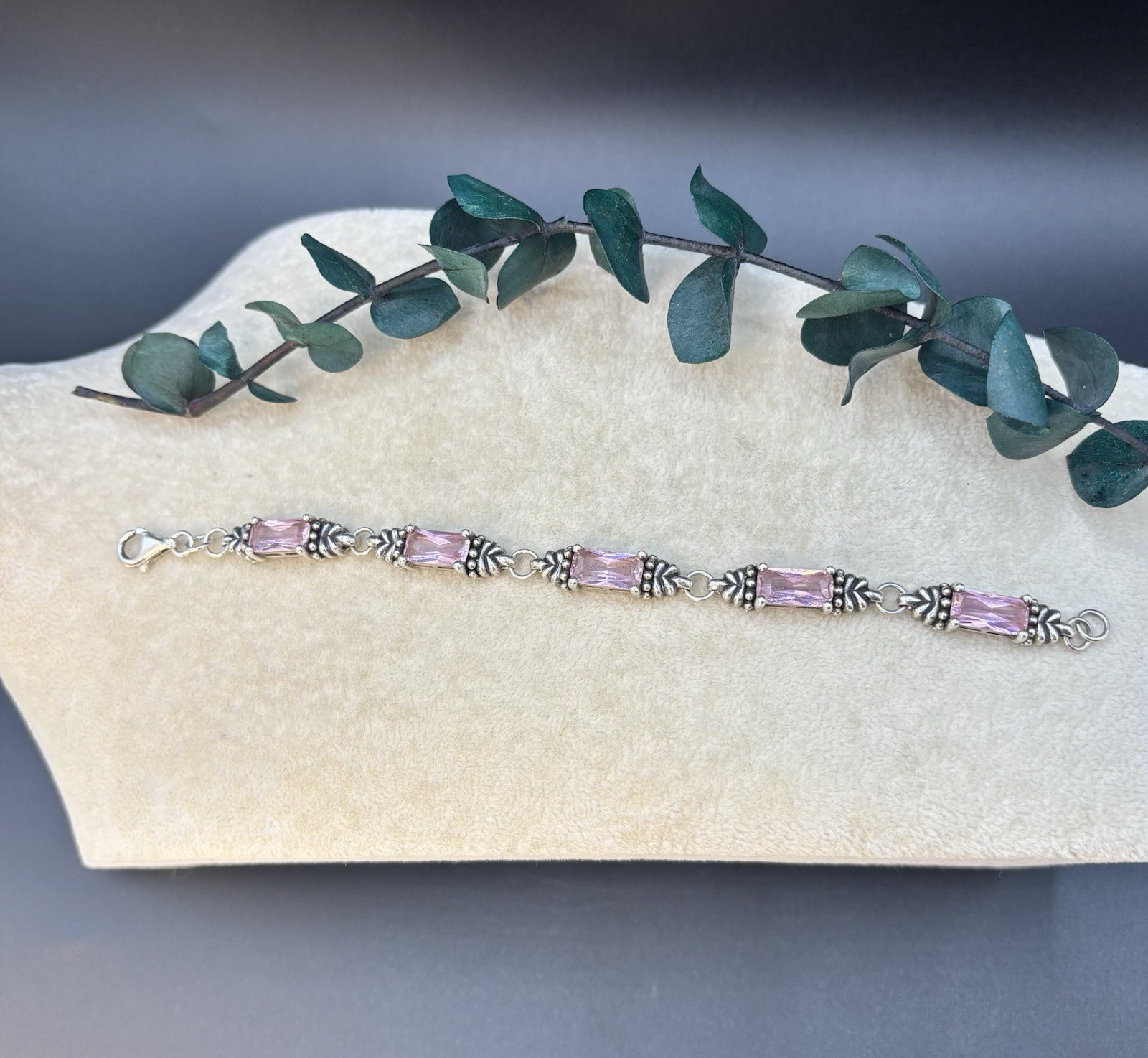 Vintage Sterling Silver 925 Pink Quartz Crystal Artisan Link Bracelet 6.5″
