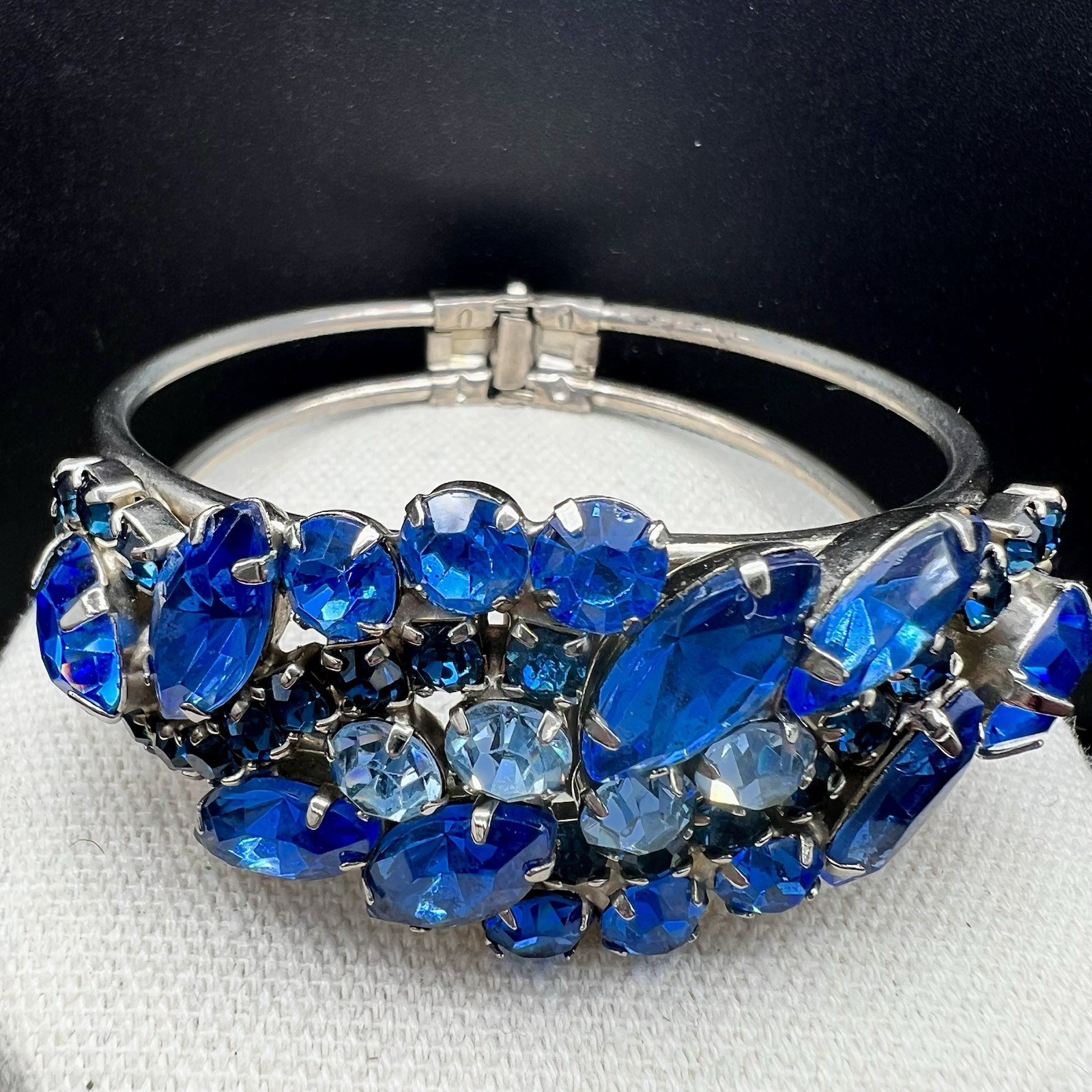 Vintage Blue Navette Rhinestone Hinged Bangle Bracelet SilverTone Statement Glam