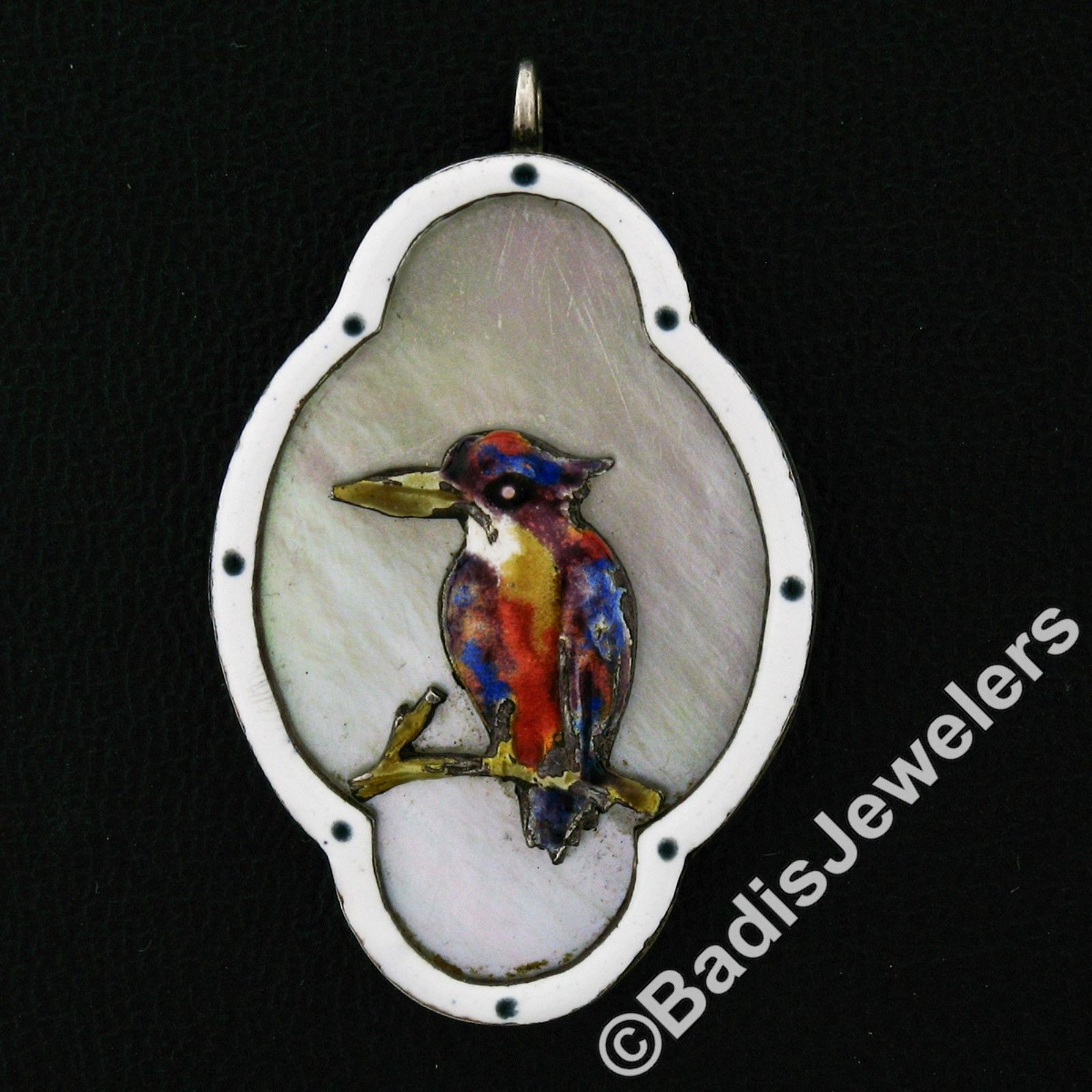 Antique .925 Sterling Silver Enamel Bird Mother of Pearl Quatrefoil Pendant RARE
