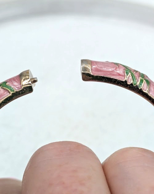 Vintage Cloisonne Panda Hinged Bracelet Pink Enamel Bamboo Gold Tone Bangle