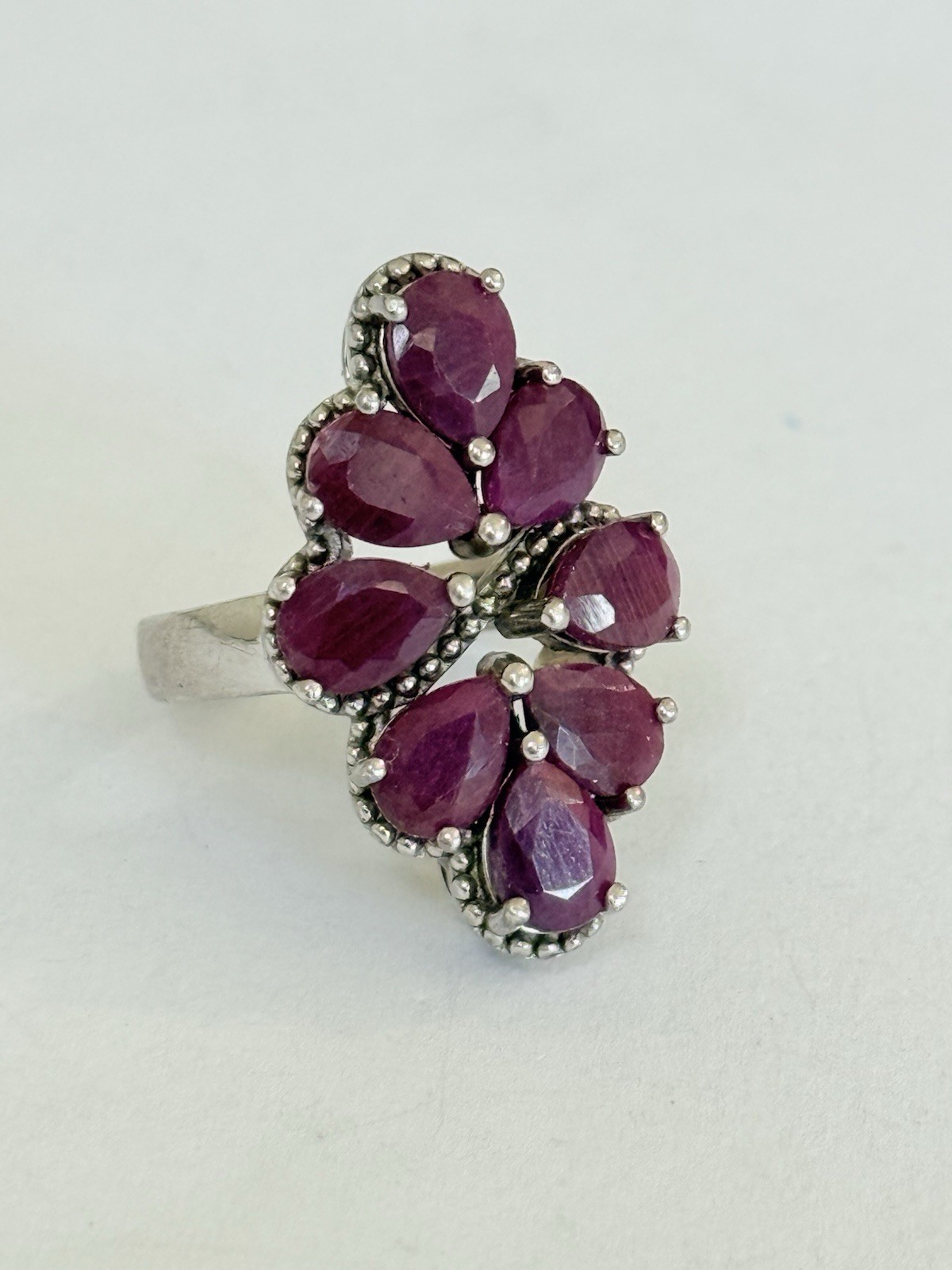 Vintage Designer Sterling Silver 925 Ruby Cluster Cocktail Ring Size 6