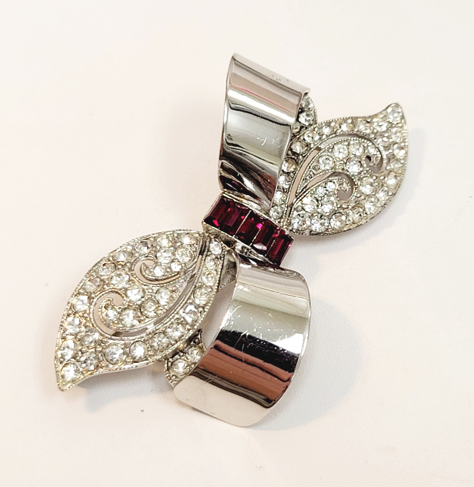 Vintage Large Rhodium Red Clear Rhinestone Bow Brooch Reja Boucher Style