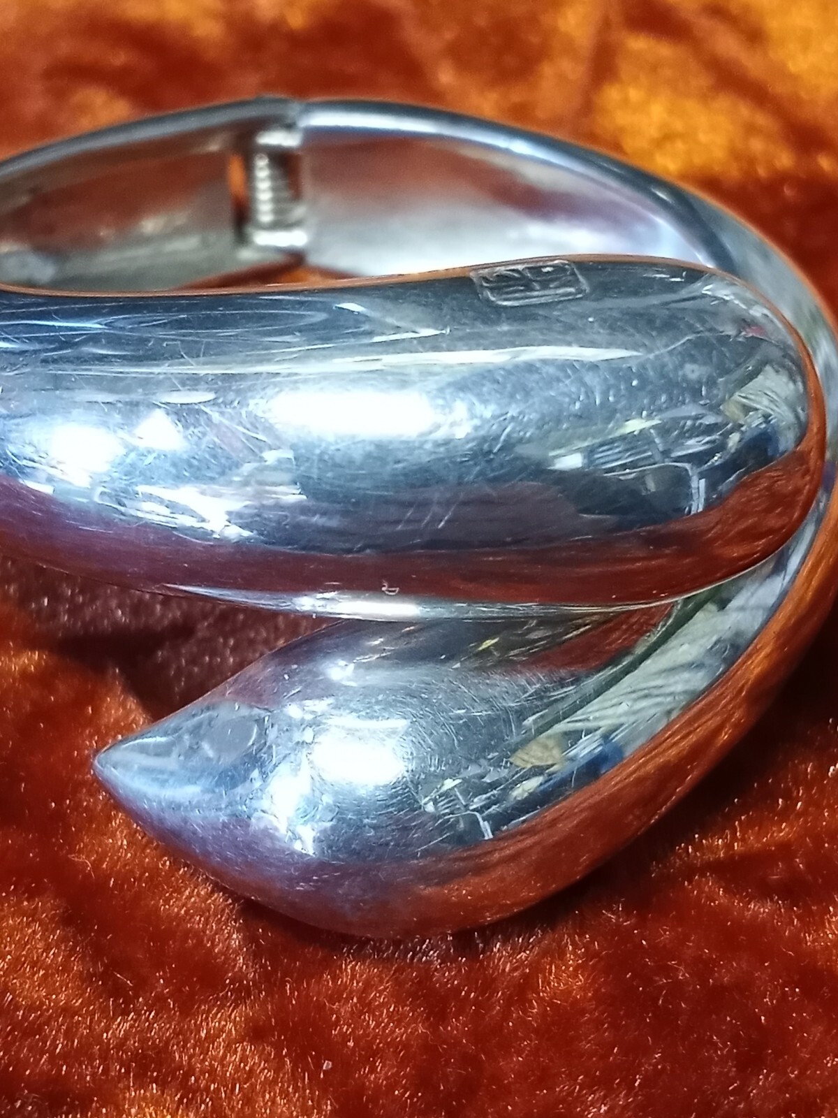 Rare Vintage Designer Hinge Cuff Bracelet Silver Metal Signed Modern Stamp