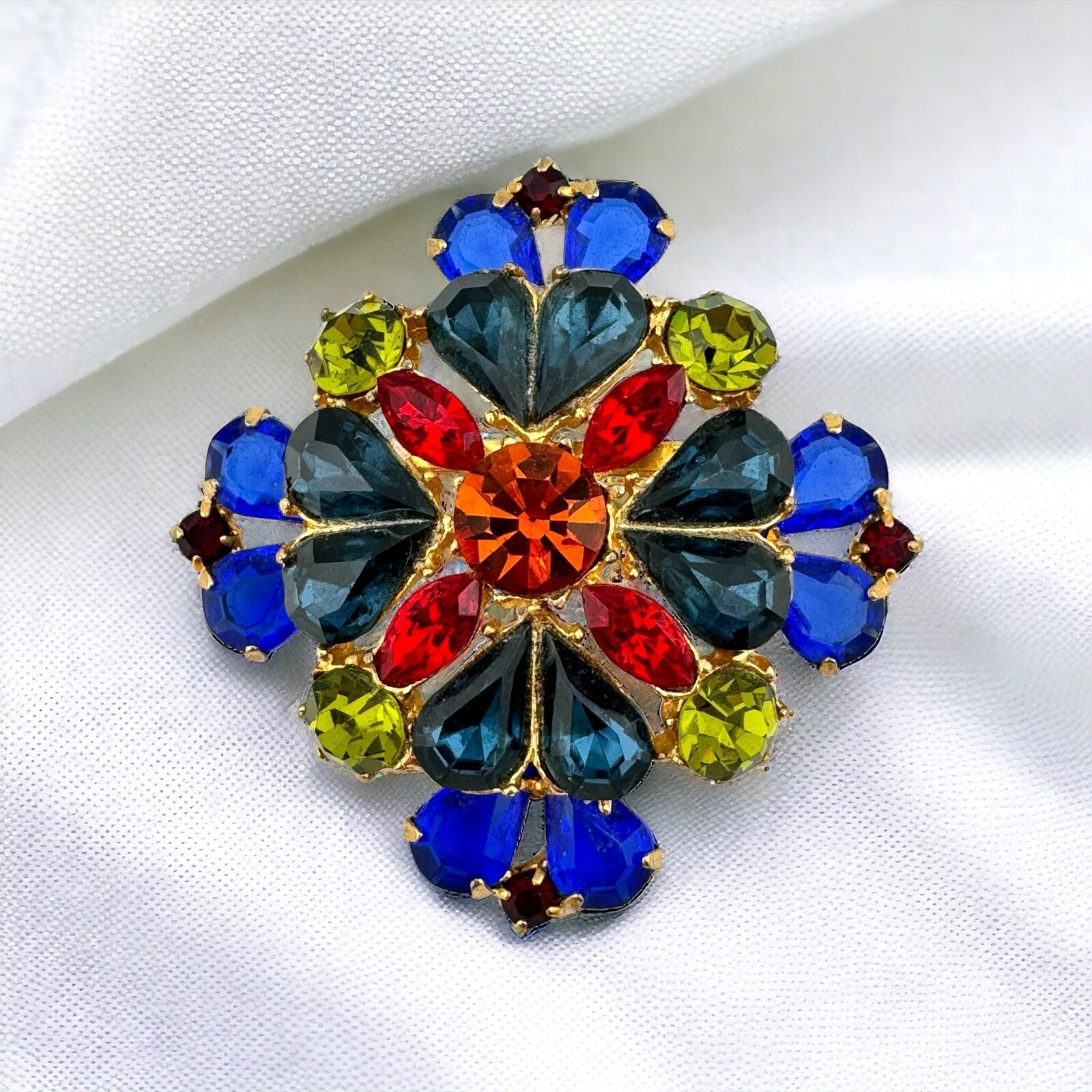 Vintage Edlee Maltese Cross Brooch Multicolor Stones Layered Design Signed