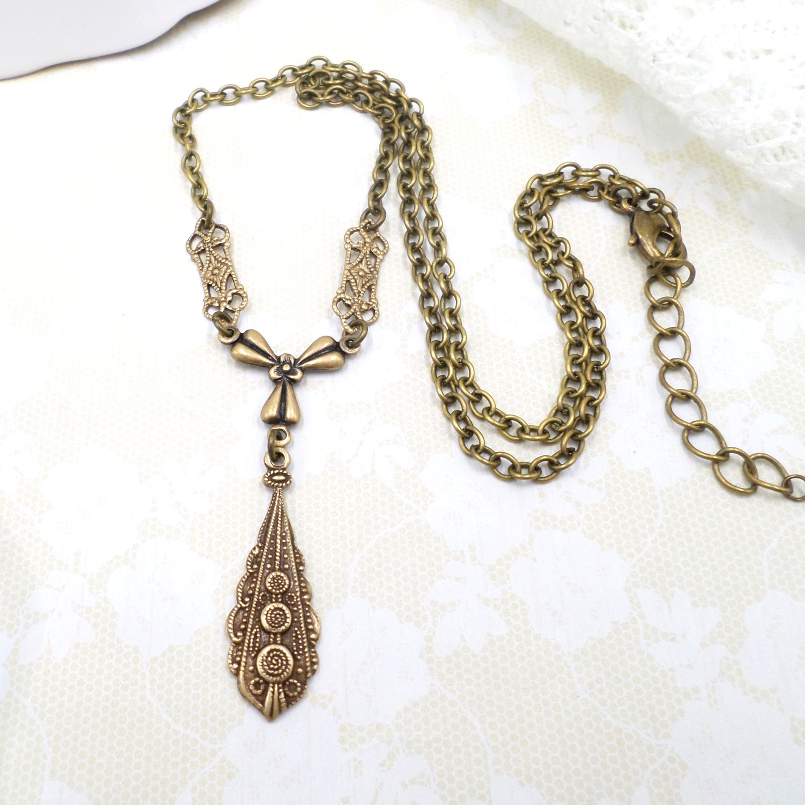 Victorian Style Brass Filigree Charm Necklace: Handmade Bow & Teardrop Jewelry
