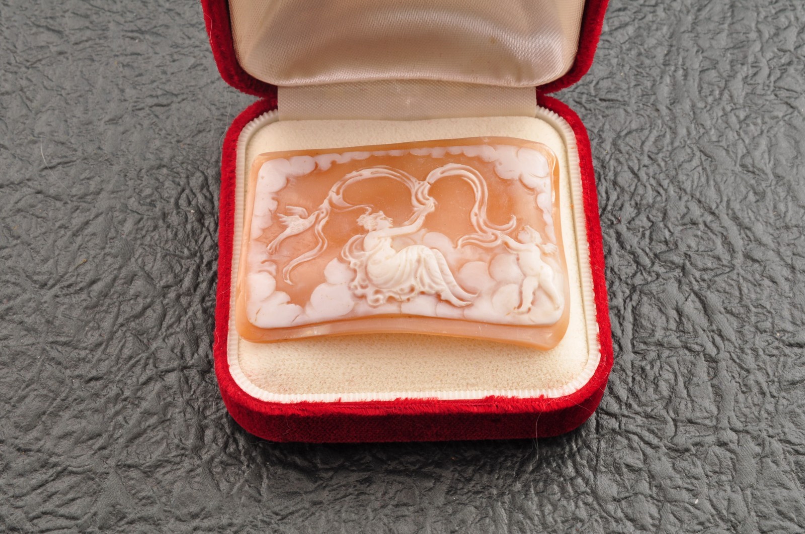 Vintage square shell cameo “Angels and goddesses”, (77.0ct) sign by artist box.
