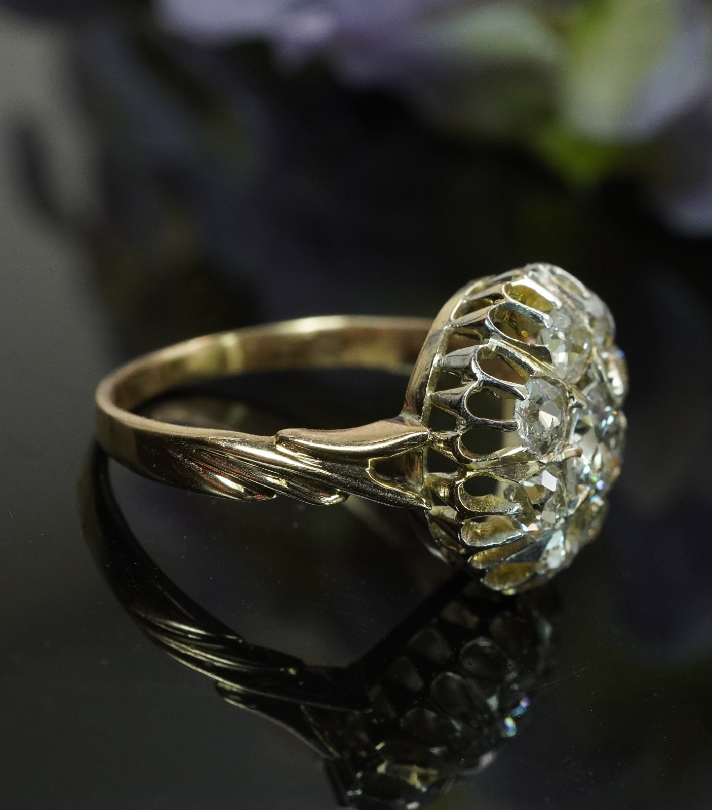 Antique Victorian Old European Mine cut Diamond Filigree Halo Ring 14K Gold