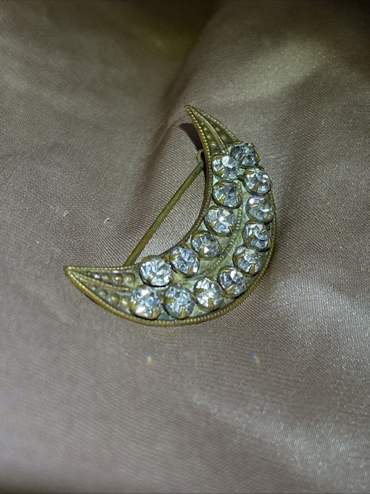 Unusual Antique Victorian Crescent Moon Brooch Prong Set Rhinestones Pin 1880s