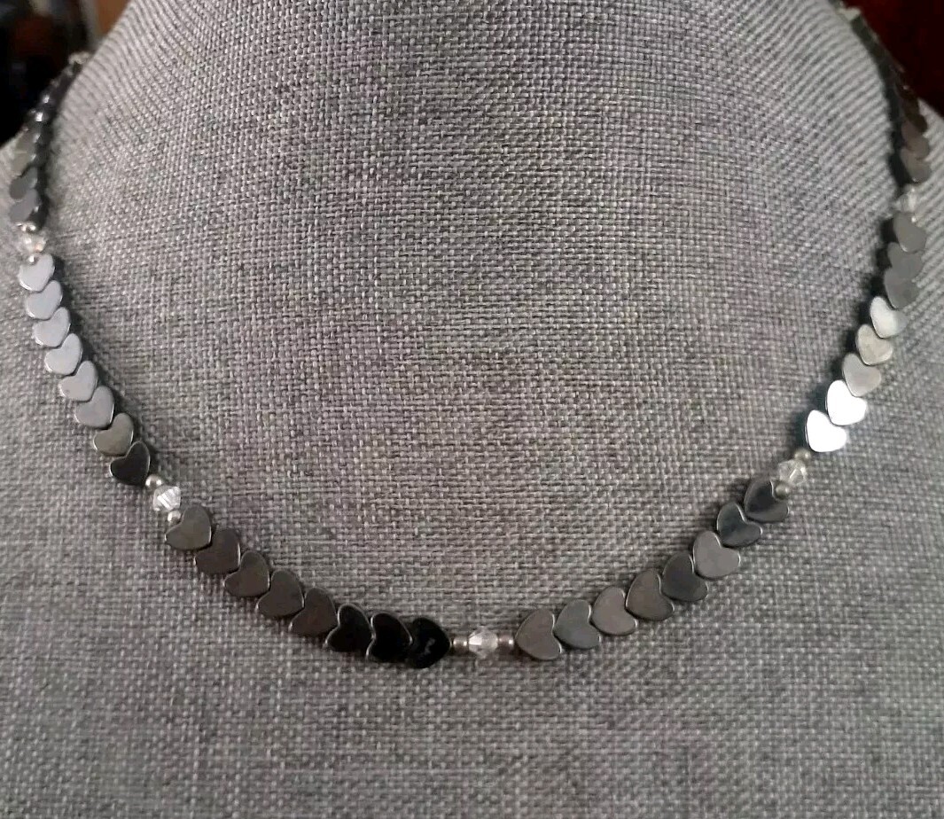 Hematite Heart shaped Bead Necklace with Clear Crystal Station Necklace 18″