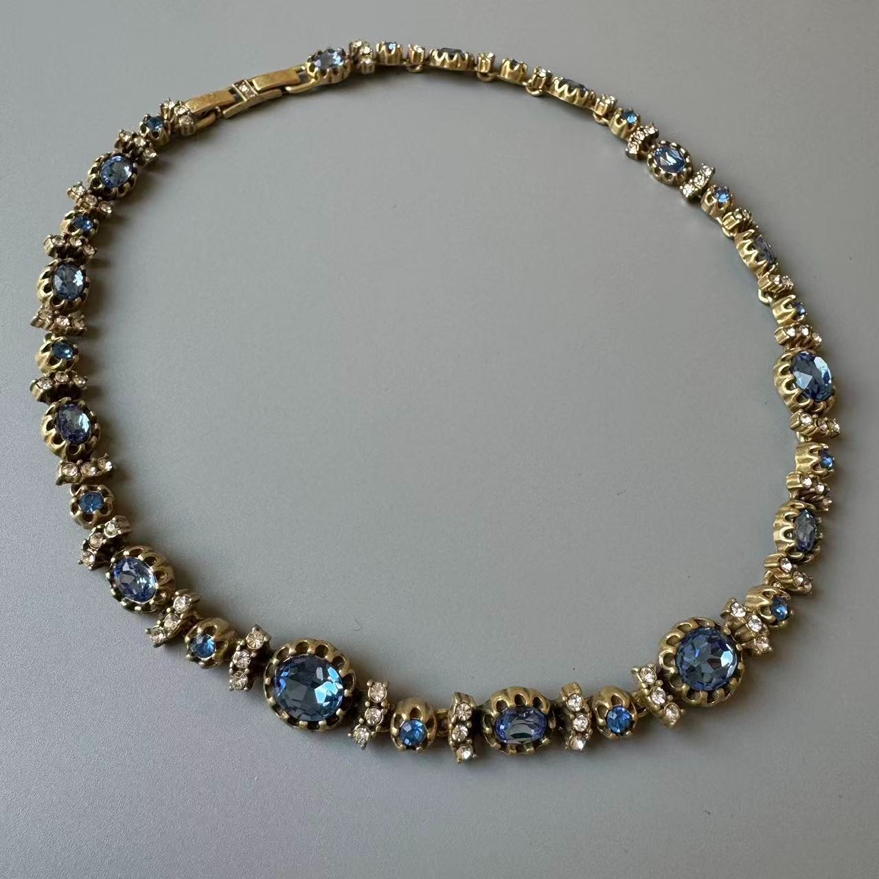 Vintage Blue Rhinestone Necklace & Bracelet Gold Tone StatementVictorian Style
