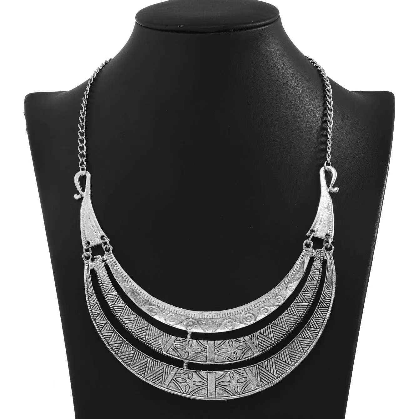 Vintage alloy patterned totem necklace, multi-layered metal necklace, collarbone