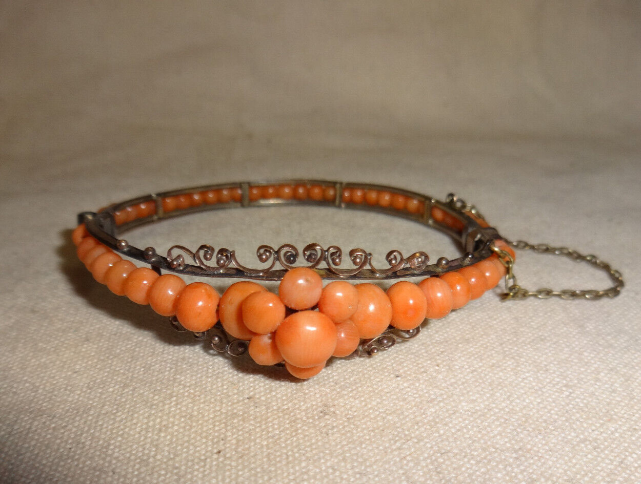 Antique Victorian Mediterranean Coral Sterling Hinged Bracelet Beaded 6.5