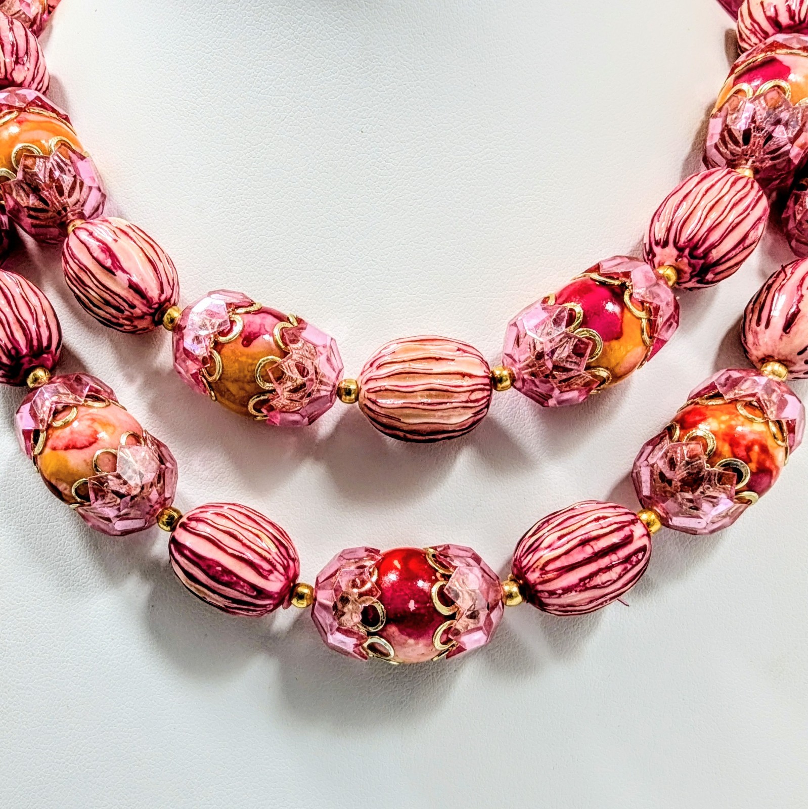 1960’s Hong Kong Double Strand Choker Bib Pink Orange Cap Bead Necklace 17-19″