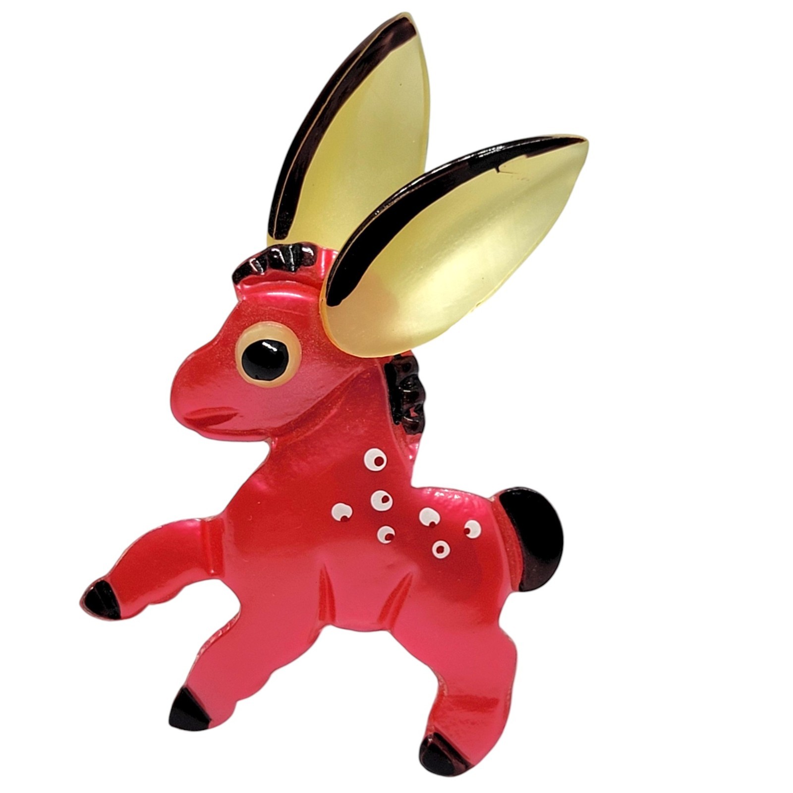 1940s Donkey Brooch Vintage Figural Pin of Cream & Red Acetate / Spun Nylon