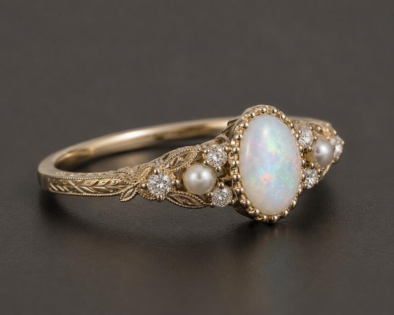 Natural Ethiopian Opal Ring Vintage Pearl Ring 925 Sterling Silver Opal Ring