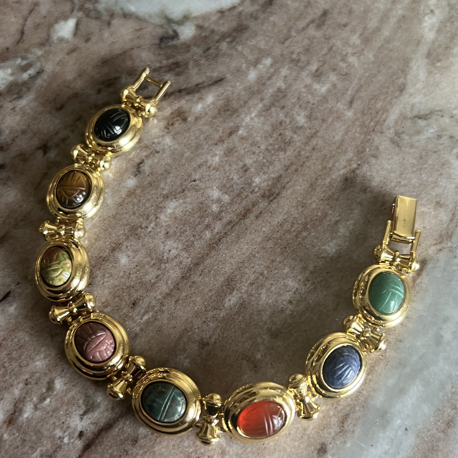 Vintage Gold Tone Scarabs Double Links Bracelet