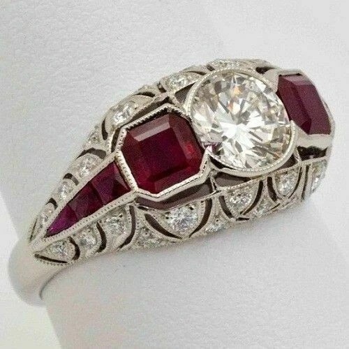 Art Deco Style Lab Created Diamond & Ruby Anniversary 14K White Gold Finish Ring