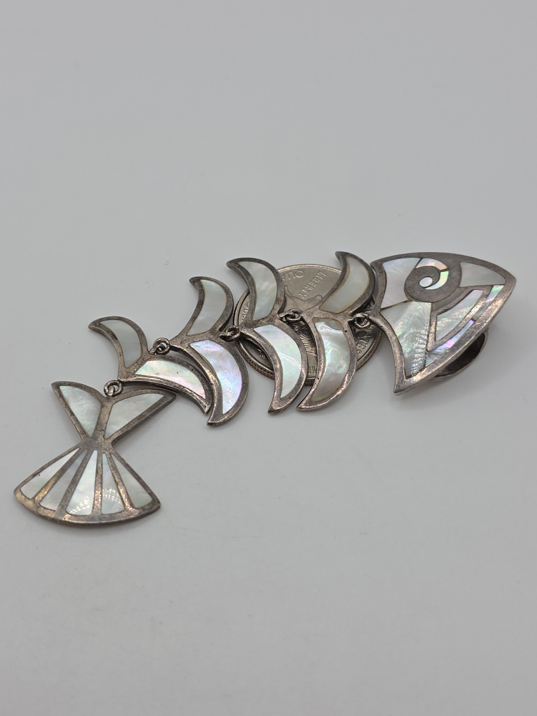 Vintage Sterling Silver 925 MoP Fish Bone Dangle Pendant