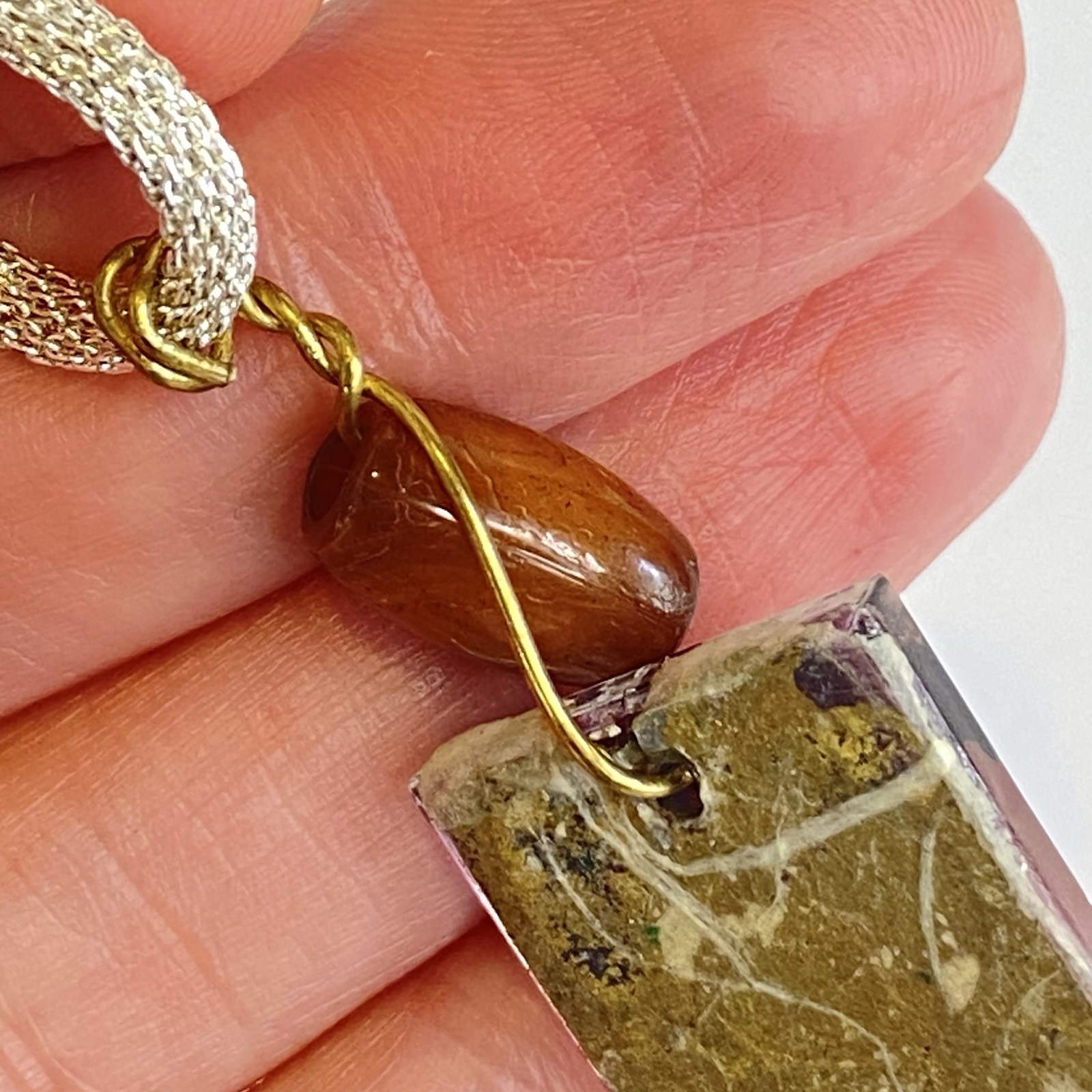 Vintage Artisan Glass Pyramid Pendant Necklace Silver Tone Chain Signed OOAK