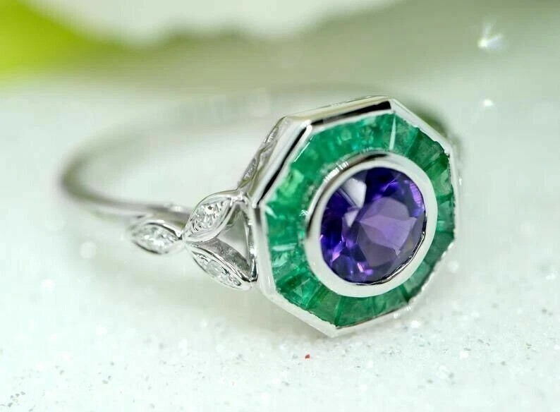 Art Deco Style Amethyst & Emerald Lab Created Diamond 925 Silver Engagement Ring