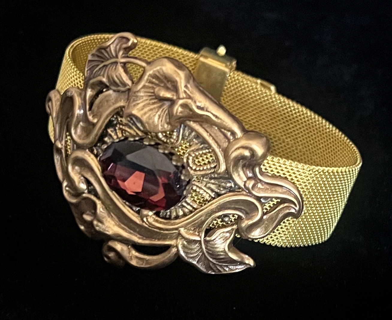 Art Nouveau Flower Bracelet Brass Calla Lily Mesh Cuff Art Nouveau Jewelry