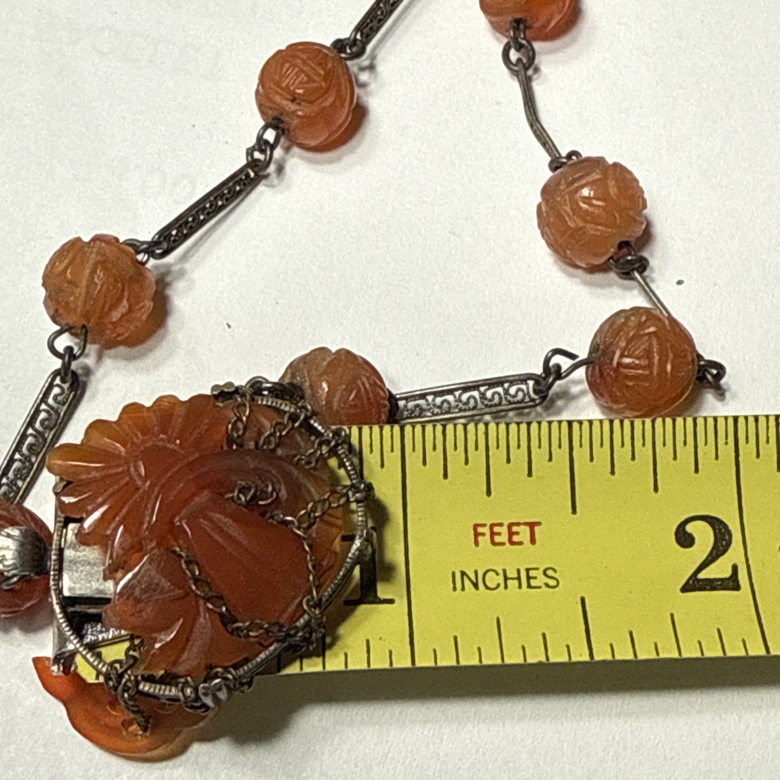 VTG Antique Chinese Carved Carnelian 15.5” Sterling Choker Necklace TLC