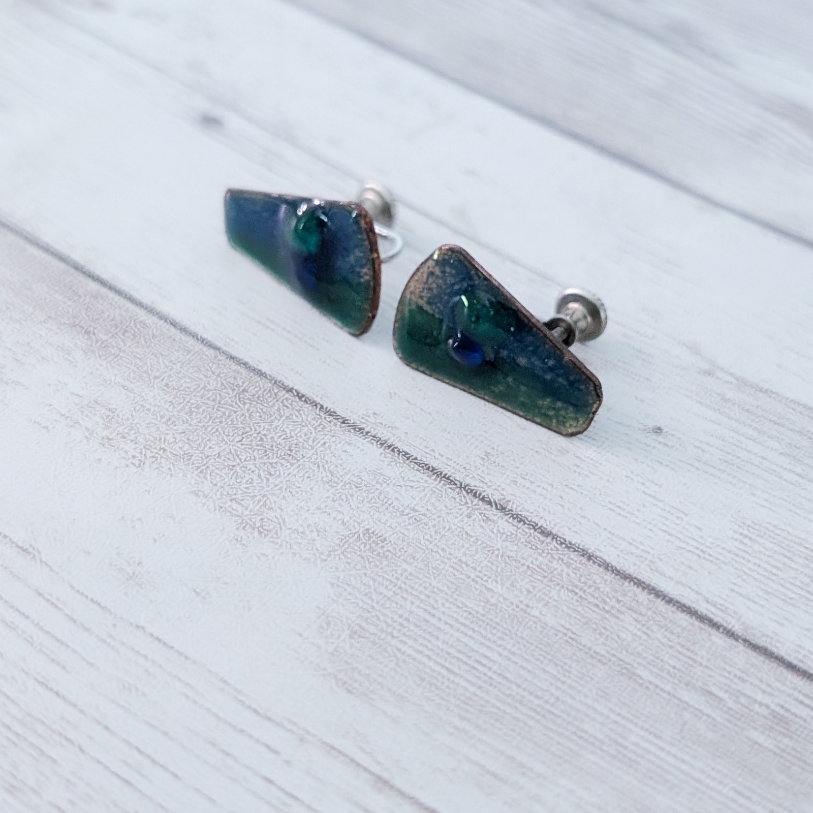 Vintage Screw Back Earrings Unusual Statement Blue Green Tones