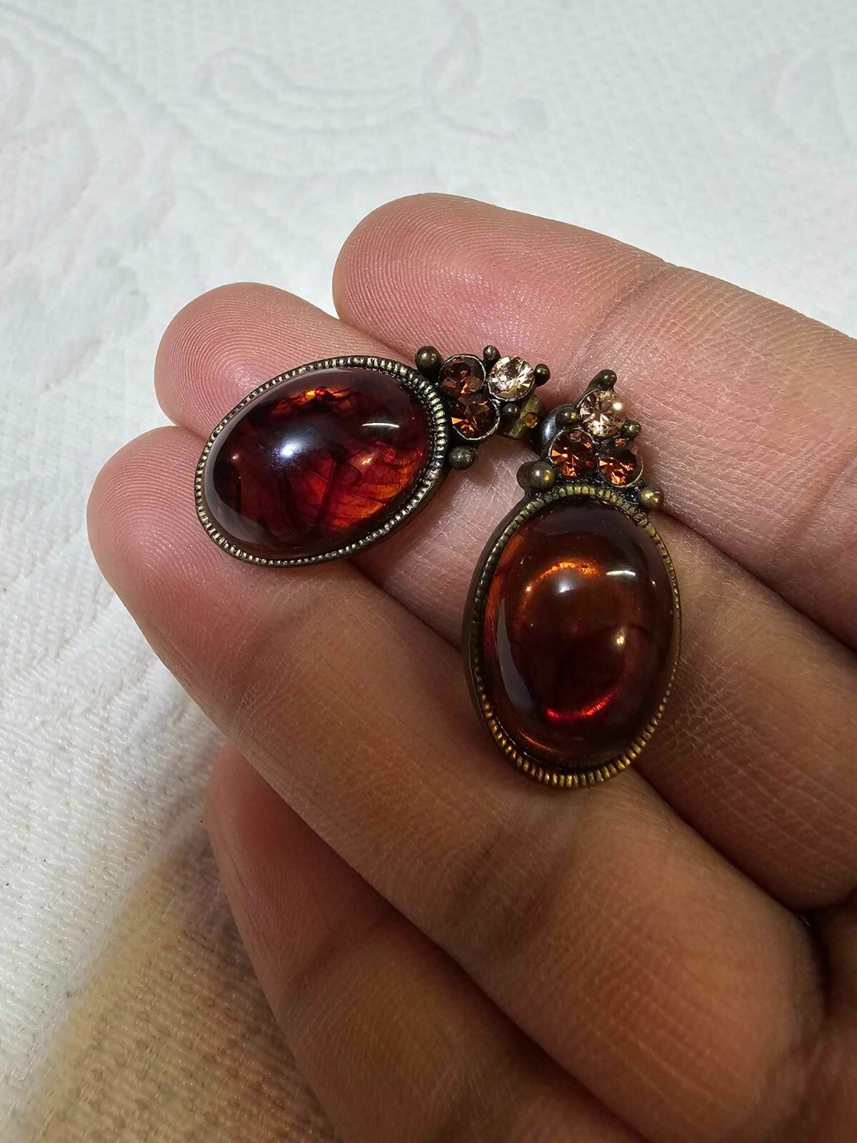 Vtg Stud Earrings w/ Polish Amber Brass Metal