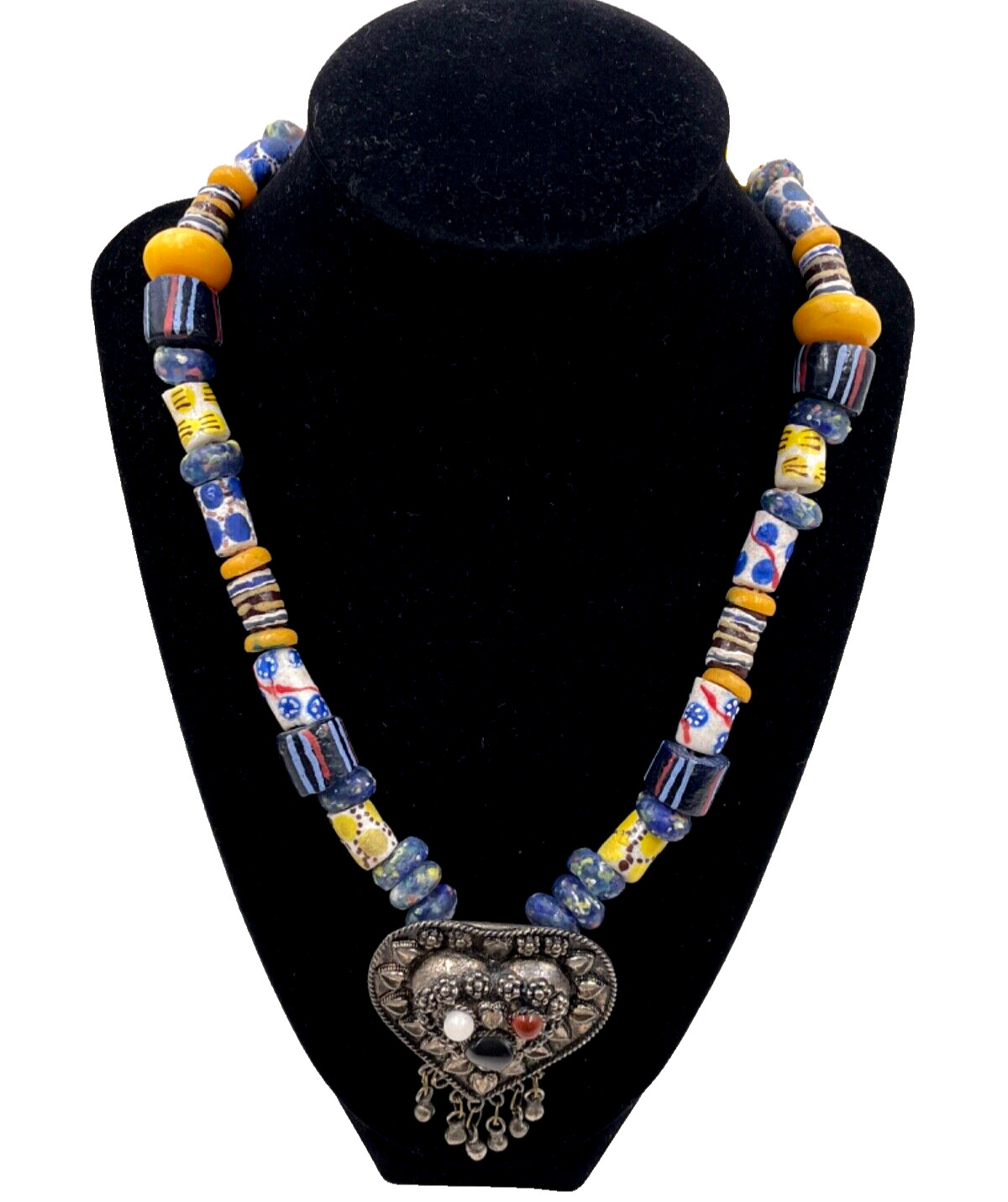 ETHNIC AFRICAN TRIBAL BERBER NECKLACE HAND-MADE KROBO GLASS BEADS BRONZE METAL R