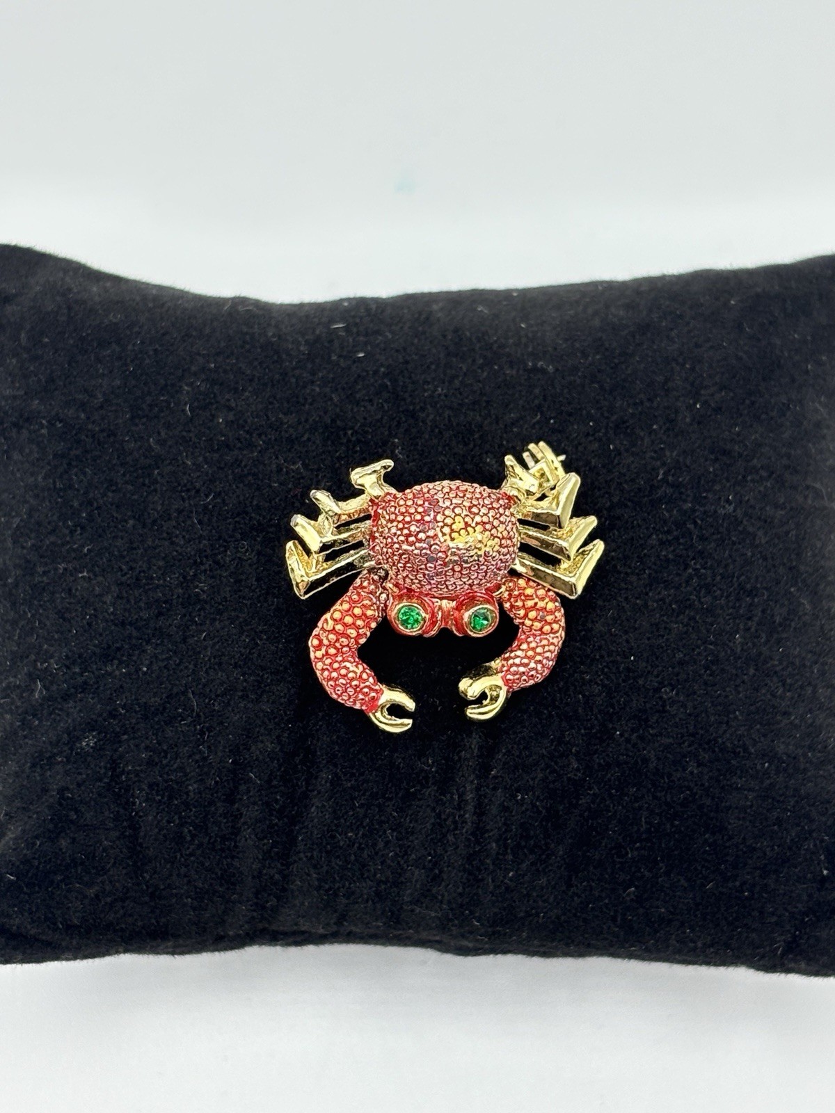 Crab Brooch Enamel w Rhinestone Eyes Articulated Scatter Claws Pin Vintage 1950s
