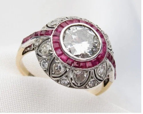 Art Deco Round Lab Created Diamond & Ruby Engagement 14K Yellow Gold Finish Ring